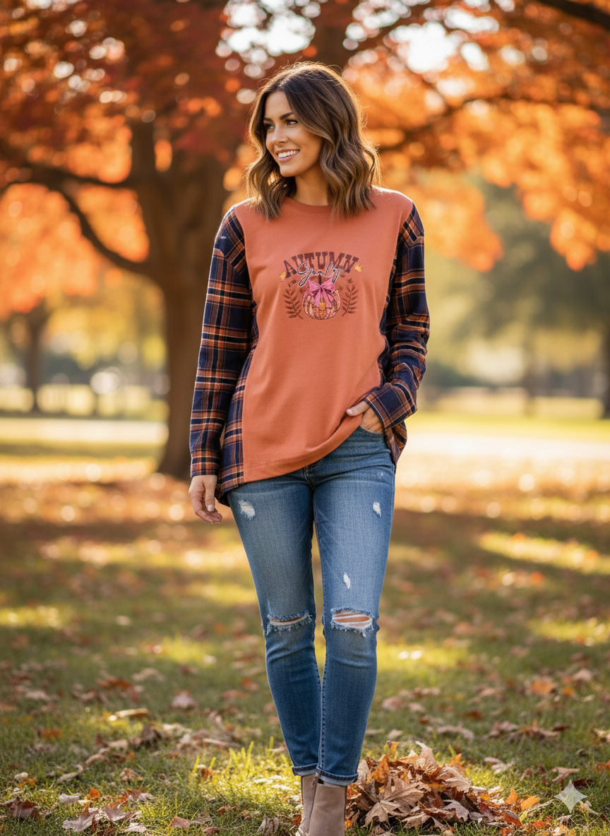Autumn Plaid Sleeve Graphic Tunic