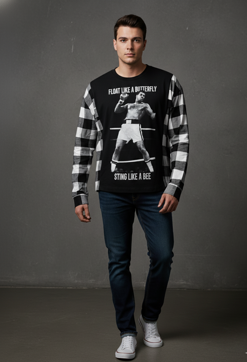 Muhammad Ali "Float Like a Butterfly" Buffalo Plaid Hybrid Long Sleeve Shirt